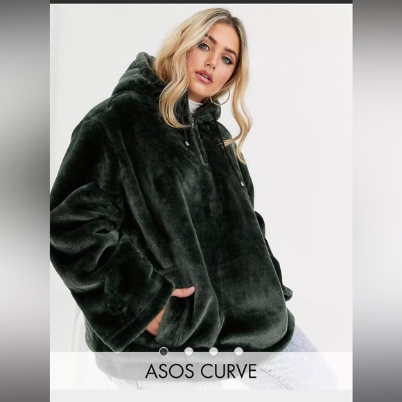 ASOS DESIGN Curve plush over the head jacket in khaki - Picture 2 of 3